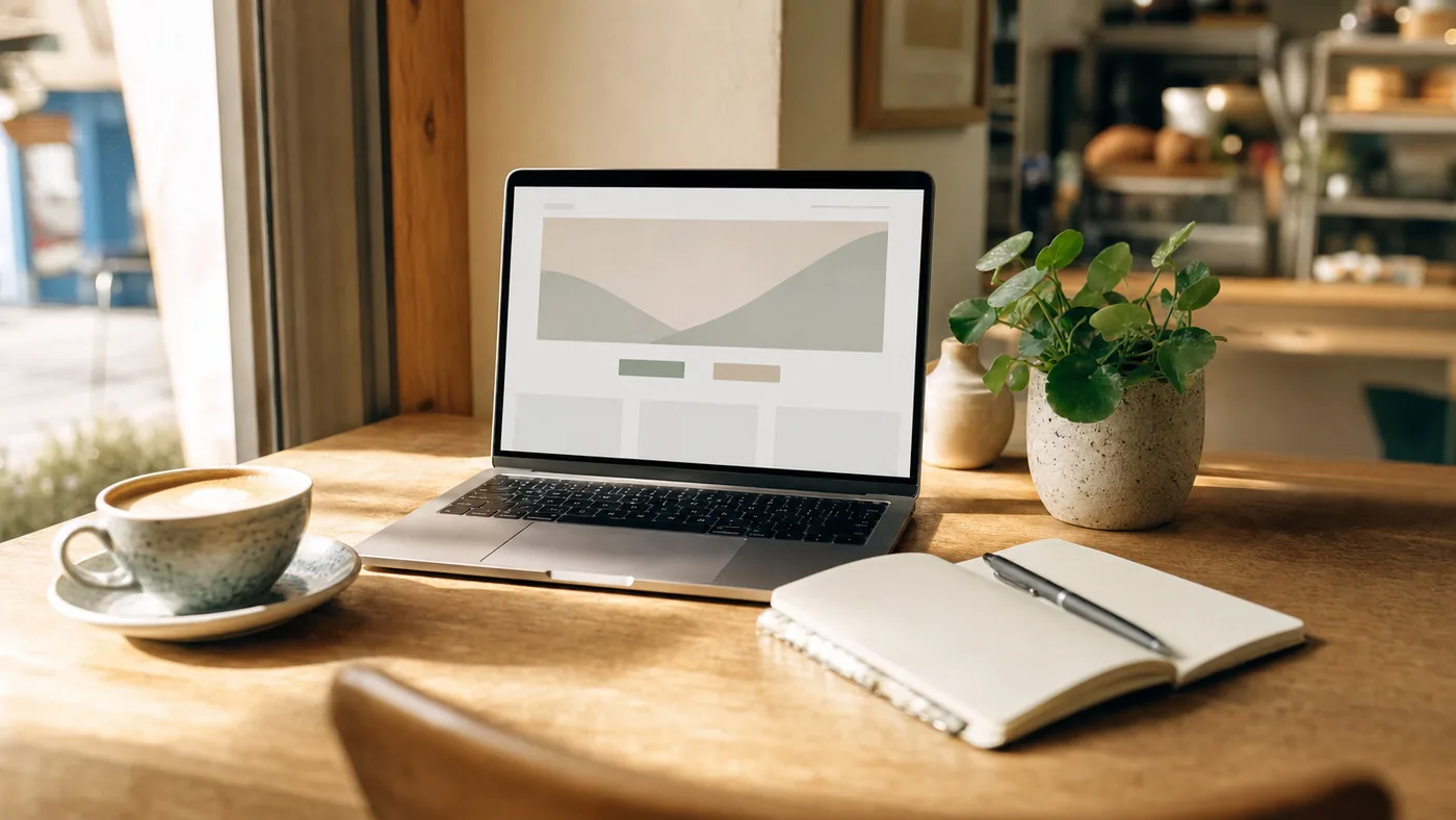 A laptop showing a website design on a sunny café table, beside a coffee and notebook