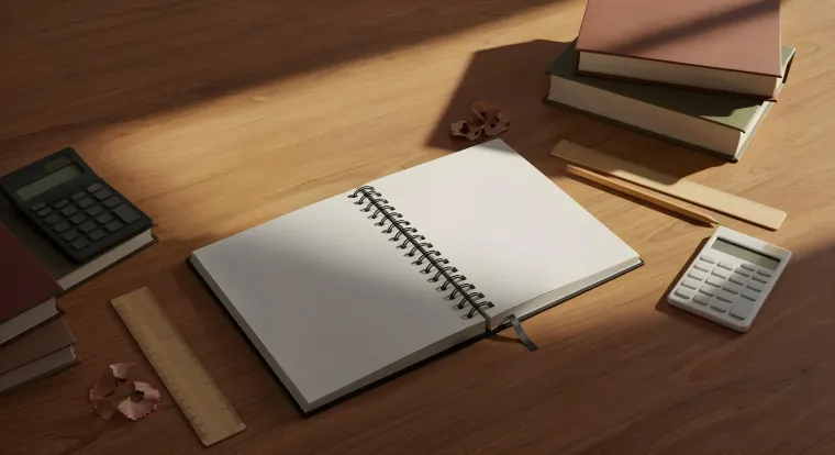 A laptop, notebook, calculator and coffee on a sunny café table
